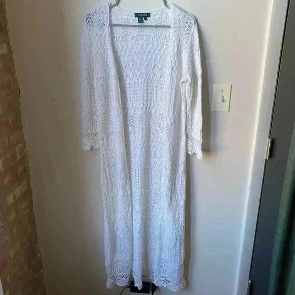 Lauren by Ralph Lauren White Crochet Linen & Cotton Cardigan, Size Large cottage - Picture 6 of 14